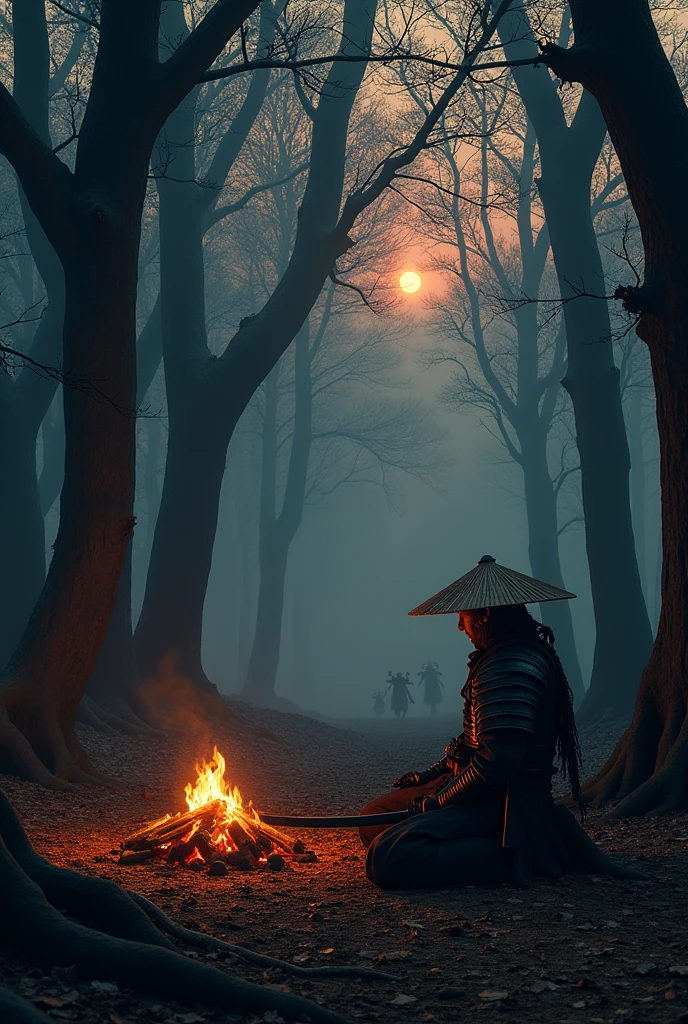 Dense, dark forest with ancient, gnarled trees. The ground is covered in dry leaves, Twilight, with the sky painted in shades of orange and purple. The remaining light filters through the trees, casting long, eerie shadows. The silence is unnerving, A lone samurai, sitting around a fire, with his katana on the ground, He wears traditional samurai armor, worn and worn, with black and red accents. His face is partially hidden by a straw hat (kasa), revealing only his eyes. in the background dark creatures appearing and meeting the samurai