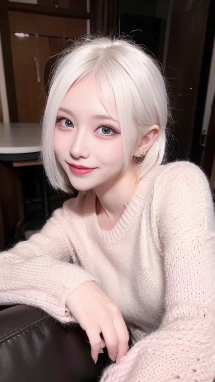 Best image quality、RAW photos、Ultra-high resolution、21 years old South Korean、、Dynamic Angle、、The most beautiful chaos、elegant、Brutalist design、Beautiful white hair、Vibrant colors、Short Bob、Smile、pleasure、Smile、Brightens skin、beautiful eyes of random colors、Thin lips、Beautiful eyes in every detail、long, Squinting、Light pink blush、long eyelashes、Beautiful double eyelids、Eyeshadow、Bright white hair、sofa、Large summer thin sweater、lie、full-body shot、full-body shotする、open air、Secret Realm、bar、night 、Night view