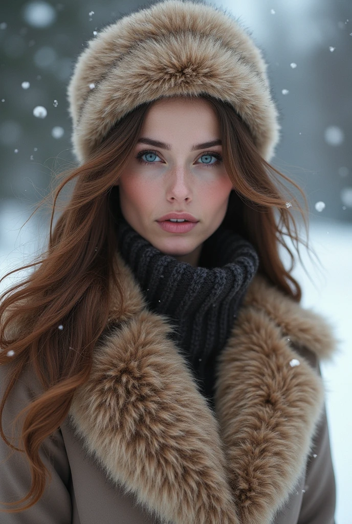 A female with brown hair and blue eyes, wearing a fur coat and a fur hat