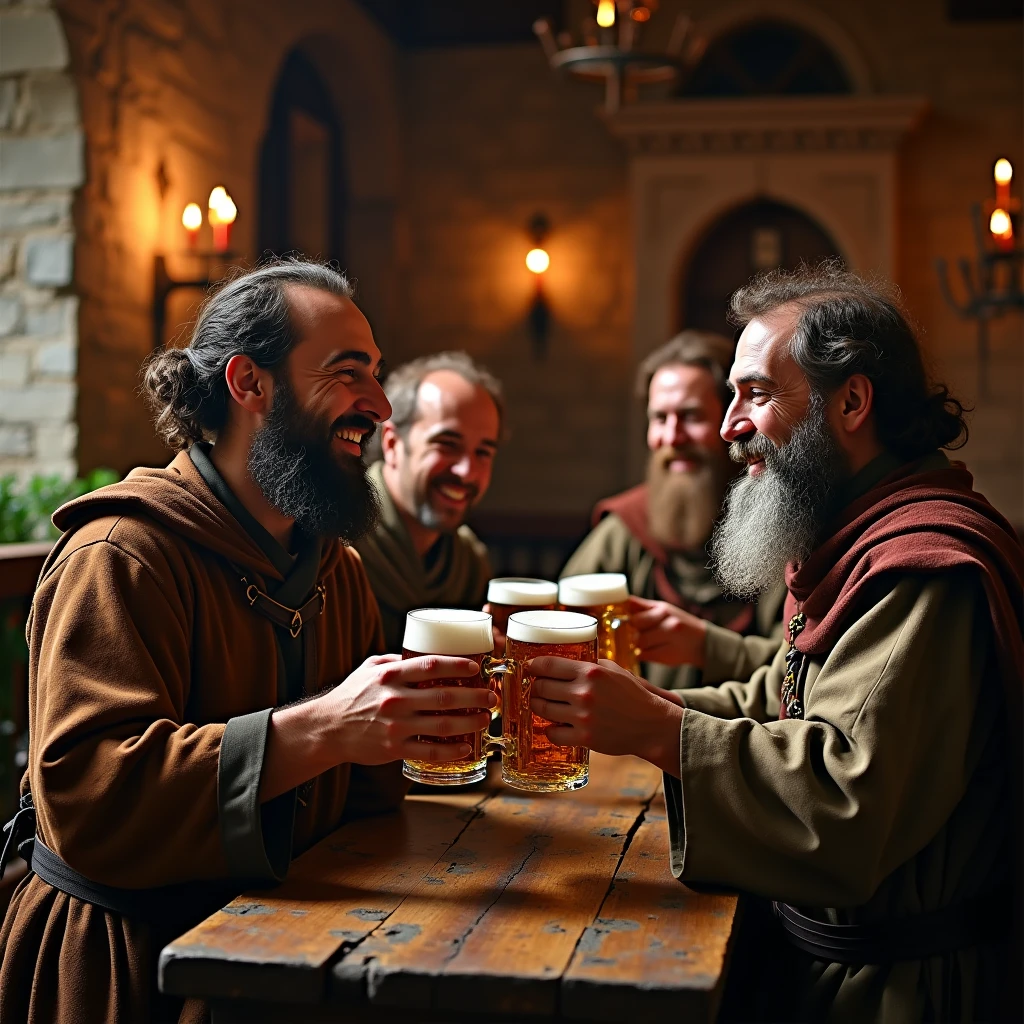 a medieval tavern where monks are drinking beer, happiness is seen between them