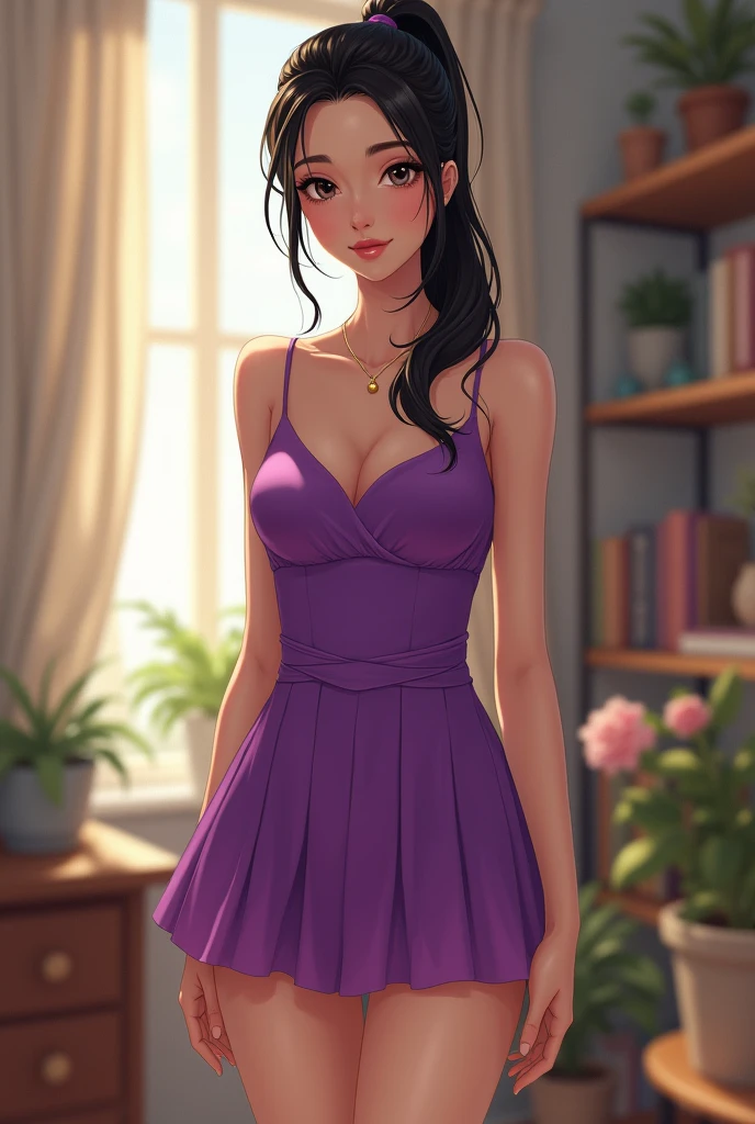 ((best quality)), ((masterpiece)), (detailed), perfect face, Full length selfie of a girl with her black hair in a ponytail,she wears a perple short dress,slim and fit, standing at home, looking straight at the camera