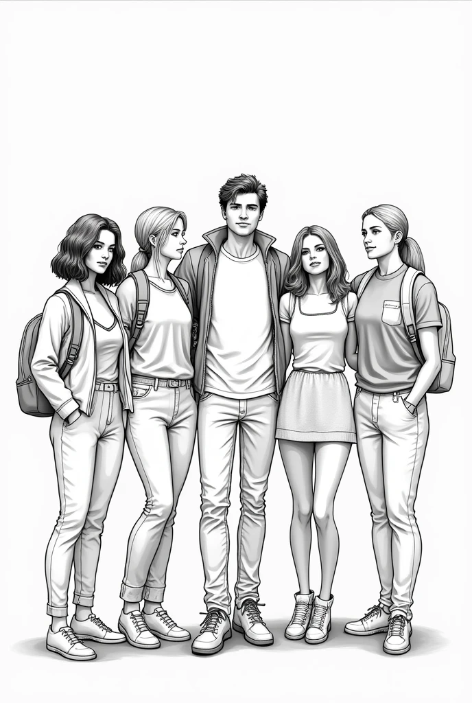 Generate a drawing of 4 women and a man with a backpack in a row to color