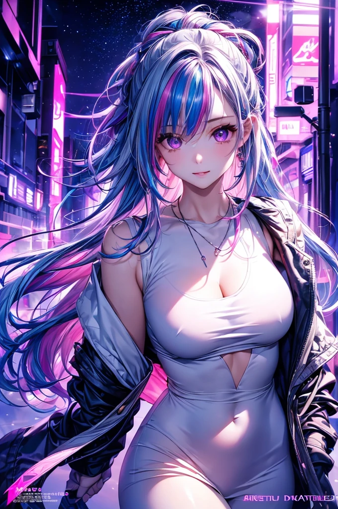 1 girl, 20 year old girl, one person, (Silver blue hair streaked pink purple:1.4), (Gradient sky blue hair ends:1.6), hair strand, absurdly long hair, single sidelock, wavy hair, shiny hair, floating hair, (Illusion deep purple eyes), delicate eyes, aqua eyes, super high detailed eyes, long upper eyelashes, ((glowing eyes)), makeup, Focus on face, Very detailed facial, Pretty Face, Perfect large breasts, hot body, (Delicate skin texture:1.2), White extra short micro skirt, sheer see-through tight-fitting plunging deep-v provocative dress, necklace, on the street, looking at the starry night sky, meteor, cyberpunk, detailed background, perfect layer cut, clean focus, (magazine:1.3), (cover-style:1.3), Octane Render, Tyndall effect, lifelike, Dark Studio, Side light, Two-color lighting, realism, chiaroscuro, (glowing light), sparkle, ray tracing, cinematic lighting, Futurism, motion blur, atmospheric perspective, Depth of Field, Bokeh, best quality, UHD, super detail, masterpiece, highres, ccurate, retina, anatomically correct