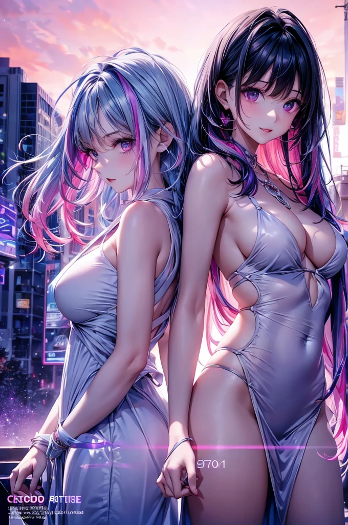 1 girl, 20 year old girl, one person, (Silver blue hair streaked pink purple:1.4), (Gradient sky blue hair ends:1.6), hair strand, absurdly long hair, single sidelock, wavy hair, shiny hair, floating hair, (Illusion deep purple eyes), delicate eyes, aqua eyes, super high detailed eyes, long upper eyelashes, ((glowing eyes)), makeup, Focus on face, Very detailed facial, Pretty Face, Perfect large breasts, hot body, (Delicate skin texture:1.2),  White extra short micro skirt, sheer see-through tight-fitting plunging deep-v provocative dress, necklace, on the street, looking at the starry night sky, meteor, cyberpunk, detailed background, perfect layer cut, clean focus, (magazine:1.3), (cover-style:1.3), Octane Render, Tyndall effect, lifelike, Dark Studio, Side light, Two-color lighting, realism, chiaroscuro, (glowing light), sparkle, ray tracing, cinematic lighting, Futurism, motion blur, atmospheric perspective, Depth of Field, Bokeh, best quality, UHD, super detail, masterpiece, highres, ccurate, retina, anatomically correct