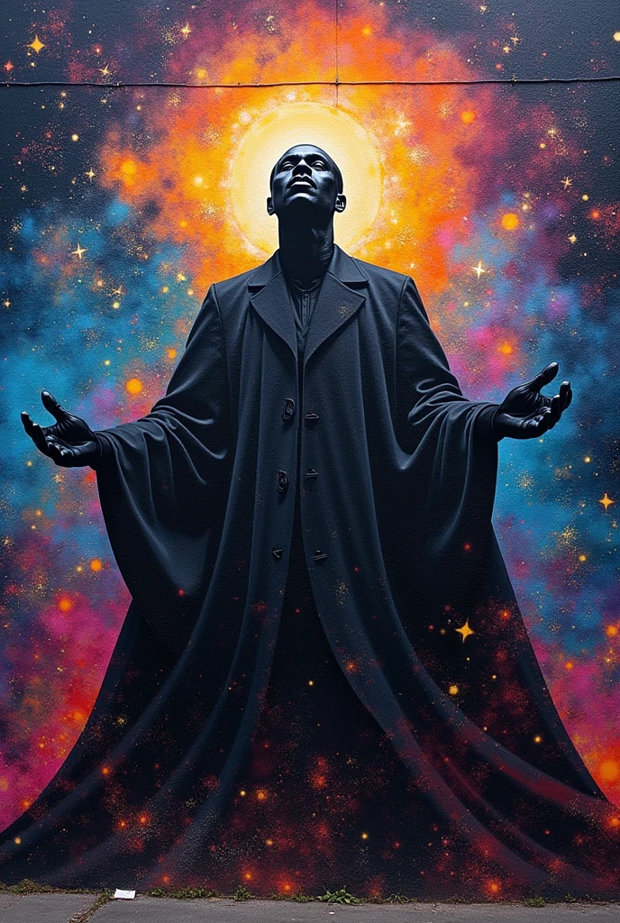 Galaxy graffiti with an omniscient black person. This has to represent the racism that exists in the world, musical tastes and the love of football. It also has to be easy to recreate.