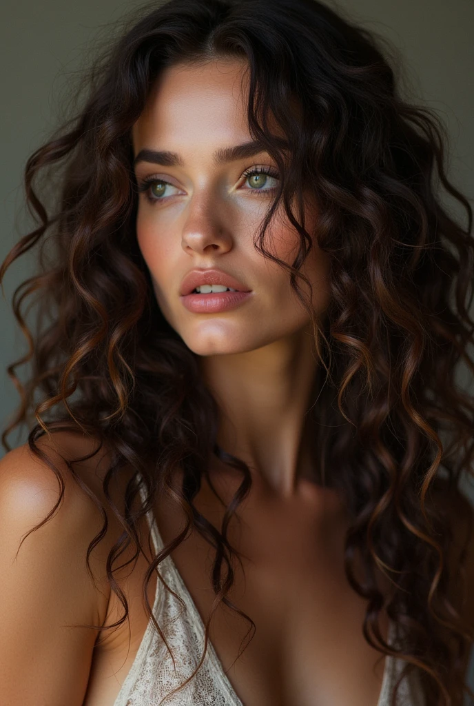(photorealism:1.2), beautiful woman, long curly hair