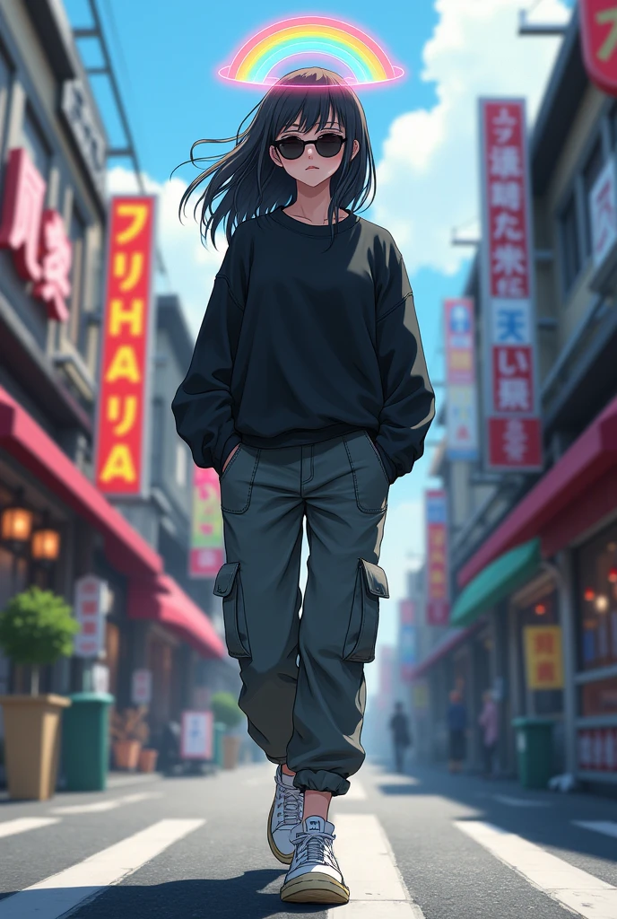 Girl half angel half demon,rainbow colored halo,gray eyes,wear cargo pants, black sweatshirt, WHITE TENNIS, sunglasses, walking down a Japanese street 