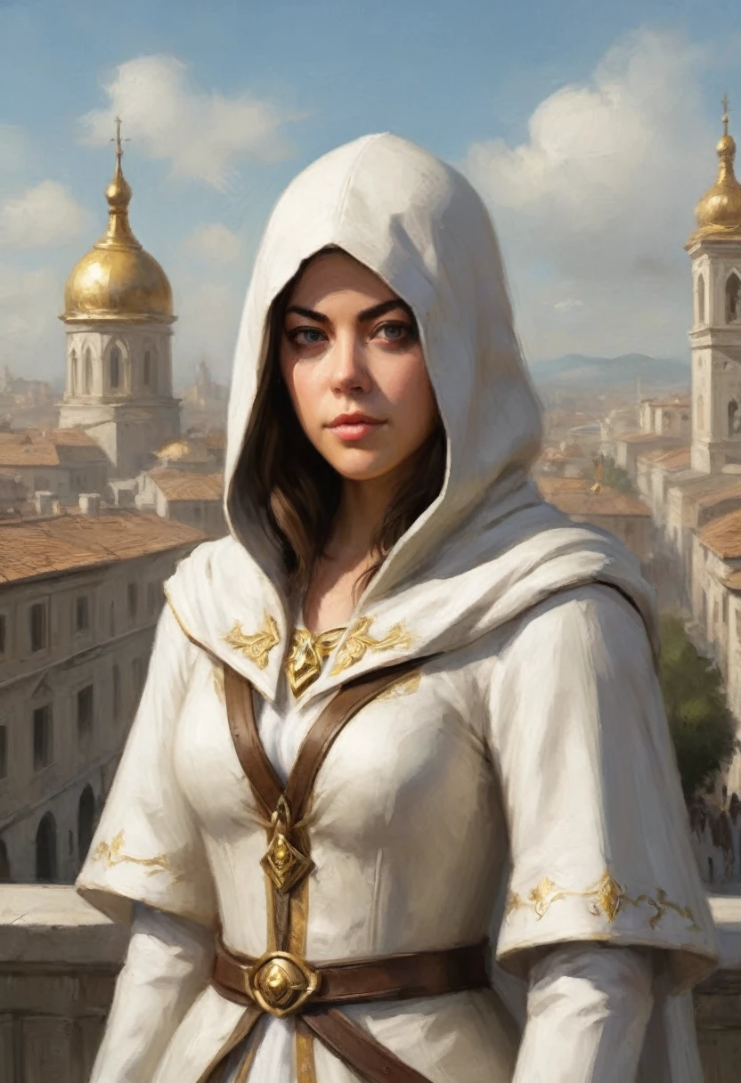 A full-body shot of Princess Zelda (Aubrey Plaza), brown hair, blue eyes, dressed as an Assassin from Assassins Creed, in white+gold witha white mask and hood with gold details, XL bust, using a wrist blade. Background: A city during the renaissance period. Unreal Engine 5, Anime, Anime style, Masterpiece, Well drawn eyes, well drawn face, well detailed eyes, well detailed face, 8k, light and shadow effect.