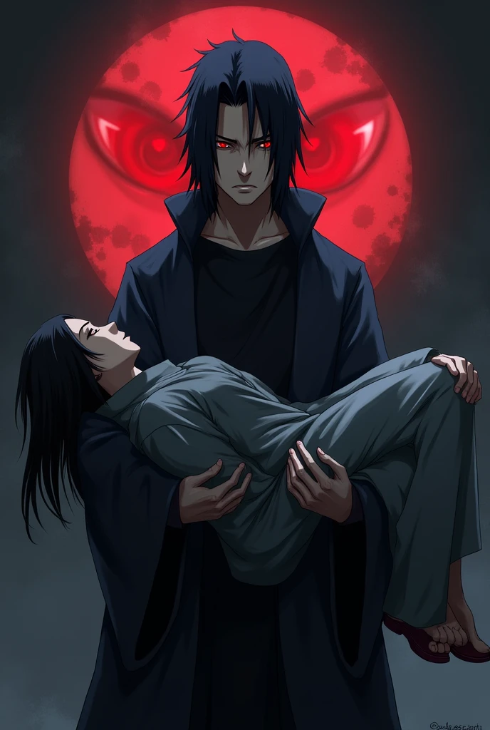 Itachi Uchiha with body in hand with a sharingan look in the background
