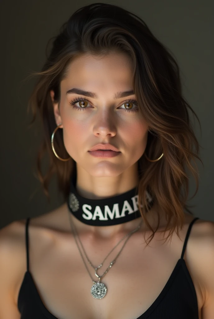 young adult woman wearing a collar with the name samara written on it