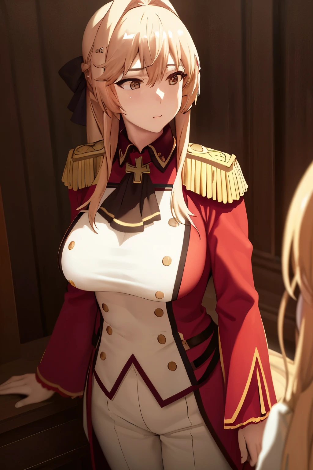 a sexy woman, blonde hair with braid, big breasts, wearing a red gold and white uniform, open uniform showing part of her breasts, highly detailed, photorealistic, 8k, cinematic lighting, dramatic composition, volumetric lighting, chiaroscuro, vibrant colors, oil painting style