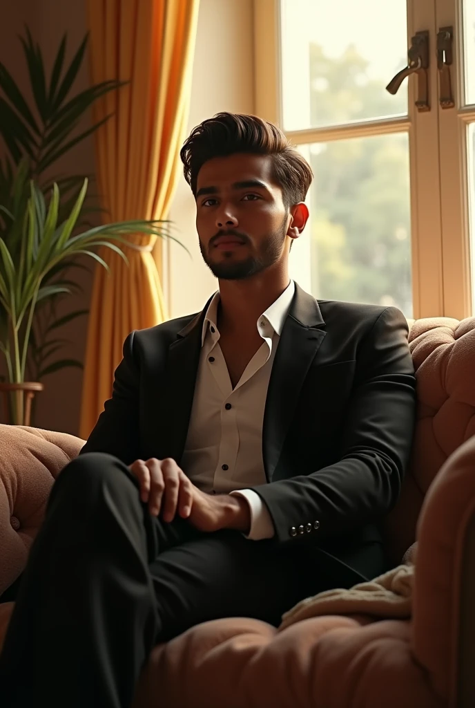 (photorealism:1.2), indoors, soft lighting, window with sunlight, cozy room, relaxed pose, realistic, intricate details, warm colors, by Greg Rutkowski, by Alphonse Mucha A 18 year old, Indian boy, brown skin, no beard, black suit