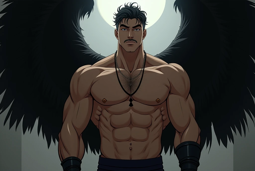 (((angel caido!angel!big black angel wings!Gothic))),perfect composition,!)), ((Unintentionally exposing chest muscles.))body hair, hairy chest, elegant macho, elegant barbilla de chad, Elegant and attractive, Elegante y elegant, elegant hombre, Attractive man, masculino y elegant, , elegant, posing attractive, Attractive man, Attractive man, 35 year old man!Raise your little head,Chimney(first portrait!))showing off his hairy pecs showing off his hairy chest muscles),),(short mustache)Show hairy and muscular eyes..,)head space!Charming and serious look..,(hombre elegant,Dressed in an embarrassing posture,Perfect body anatomy,Beautiful man face detail,perfect foot,perfect hand!Ultra low angle shot!An image of an anime character with a necklace.., muscular man, realistic muscles, human representation style, Gothic, Anime core, meritocracy, at the romantic academy, garbage, Anime core, Aestheticized violence, whole body, dark gym, coloring Waiting to start