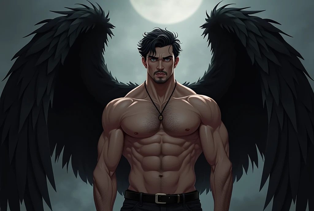 (((angel caido!angel!big black angel wings!Gothic))),perfect composition,!)), ((Unintentionally exposing chest muscles.))body hair, hairy chest, elegant macho, elegant barbilla de chad, Elegant and attractive, Elegante y elegant, elegant hombre, Attractive man, masculino y elegant, , elegant, posing attractive, Attractive man, Attractive man, 35 year old man!Raise your little head,Chimney(first portrait!))showing off his hairy pecs showing off his hairy chest muscles),),(short mustache)Show hairy and muscular eyes..,)head space!Charming and serious look..,(hombre elegant,Dressed in an embarrassing posture,Perfect body anatomy,Beautiful man face detail,perfect foot,perfect hand!Ultra low angle shot!An image of an anime character with a necklace.., muscular man, realistic muscles, human representation style, Gothic, Anime core, meritocracy, at the romantic academy, garbage, Anime core, Aestheticized violence, whole body, dark gym, coloring Waiting to start