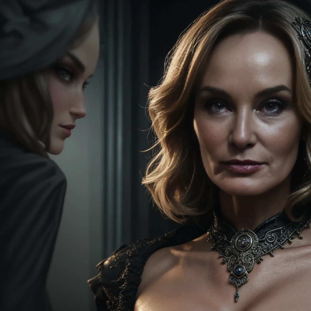 a close up of a witch qwearing a black dress and a necklace, Fiona Goode, olya bossak, evil smirk, roguish smirk, barbara hammer 4 k, angelina stroganova, portrait of a sorceress, aleksandra waliszewska, sultry smirk, nefarious smirk, diablo 4 queen