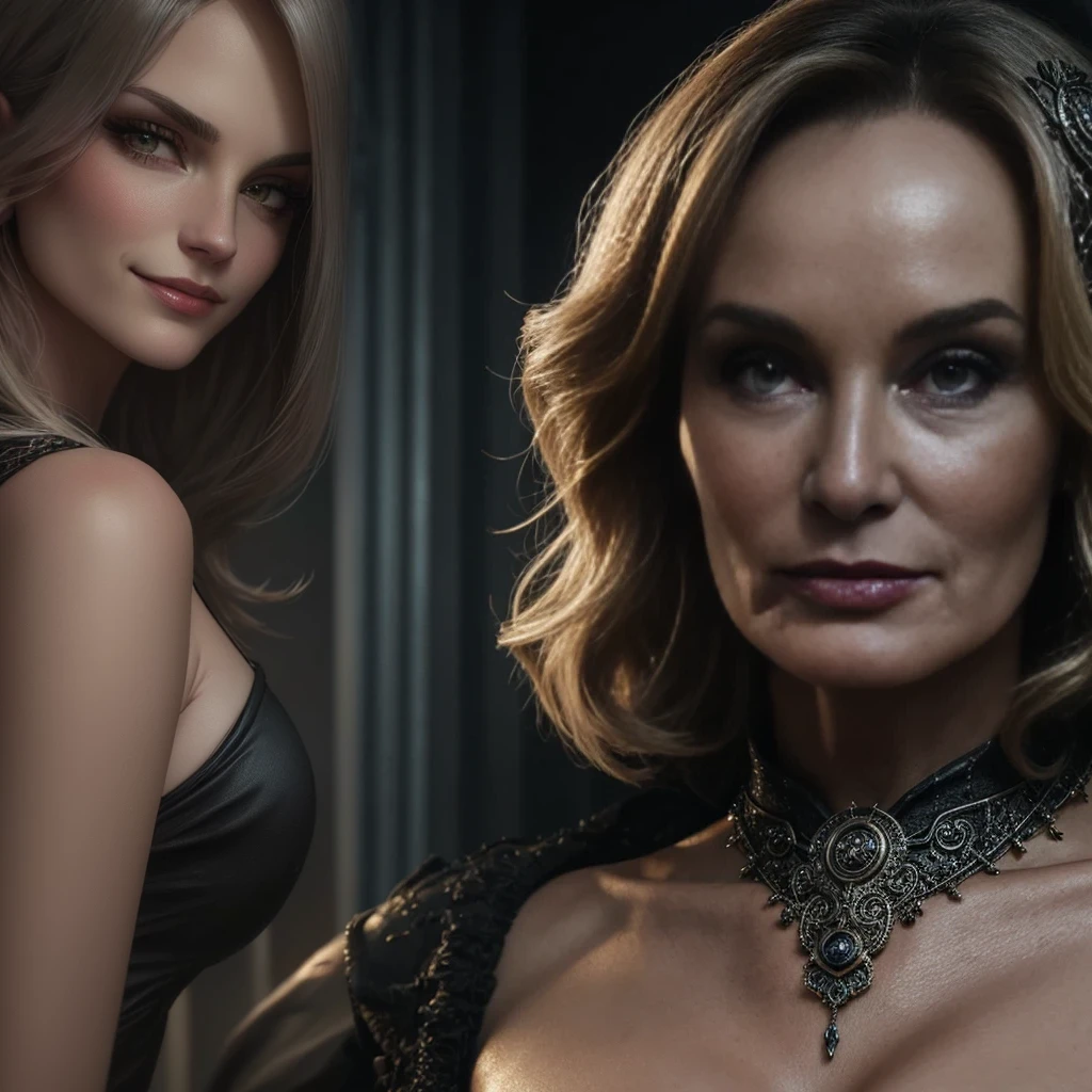 a close up of a witch qwearing a black dress and a necklace, Fiona Goode, olya bossak, evil smirk, roguish smirk, barbara hammer 4 k, angelina stroganova, portrait of a sorceress, aleksandra waliszewska, sultry smirk, nefarious smirk, diablo 4 queen