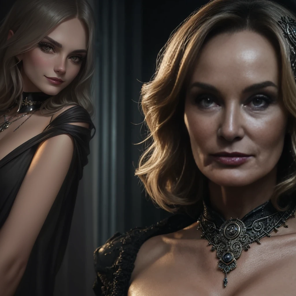a close up of a witch qwearing a black dress and a necklace, Fiona Goode, olya bossak, evil smirk, roguish smirk, barbara hammer 4 k, angelina stroganova, portrait of a sorceress, aleksandra waliszewska, sultry smirk, nefarious smirk, diablo 4 queen