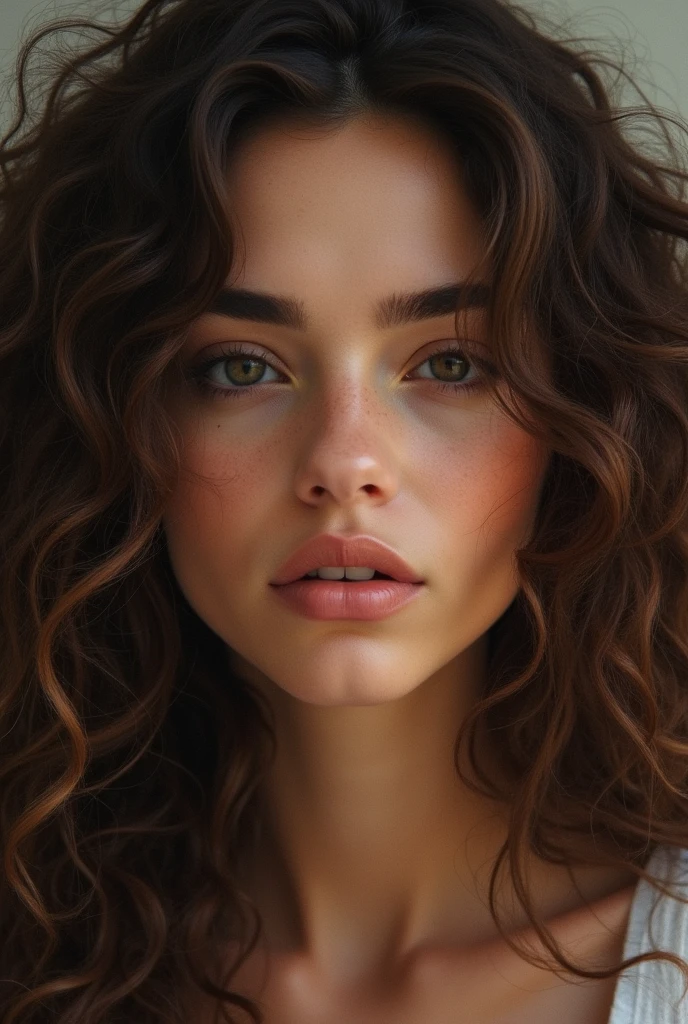 (photorealism:1.2), beautiful woman, long curly hair, in face