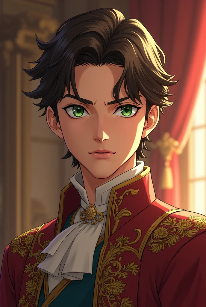 An 18 year old boy with brown hair and green eyes and prince clothes(anime template with serious face)