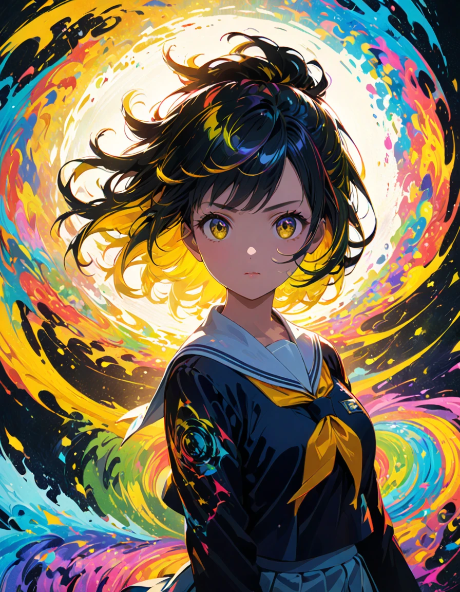detailed textures, high quality, high resolution, high precision, realism, color correction, correct lighting settings, harmonious composition. An abstract, colorful anime-style illustration of a girl in a school uniform. Her silhouette is composed of dynamic, swirling patterns and vibrant circles. The background is a solid, bright yellow, creating a striking contrast with the intricate, multi-colored design of the girl --ar 3:4 --style raw --niji 6