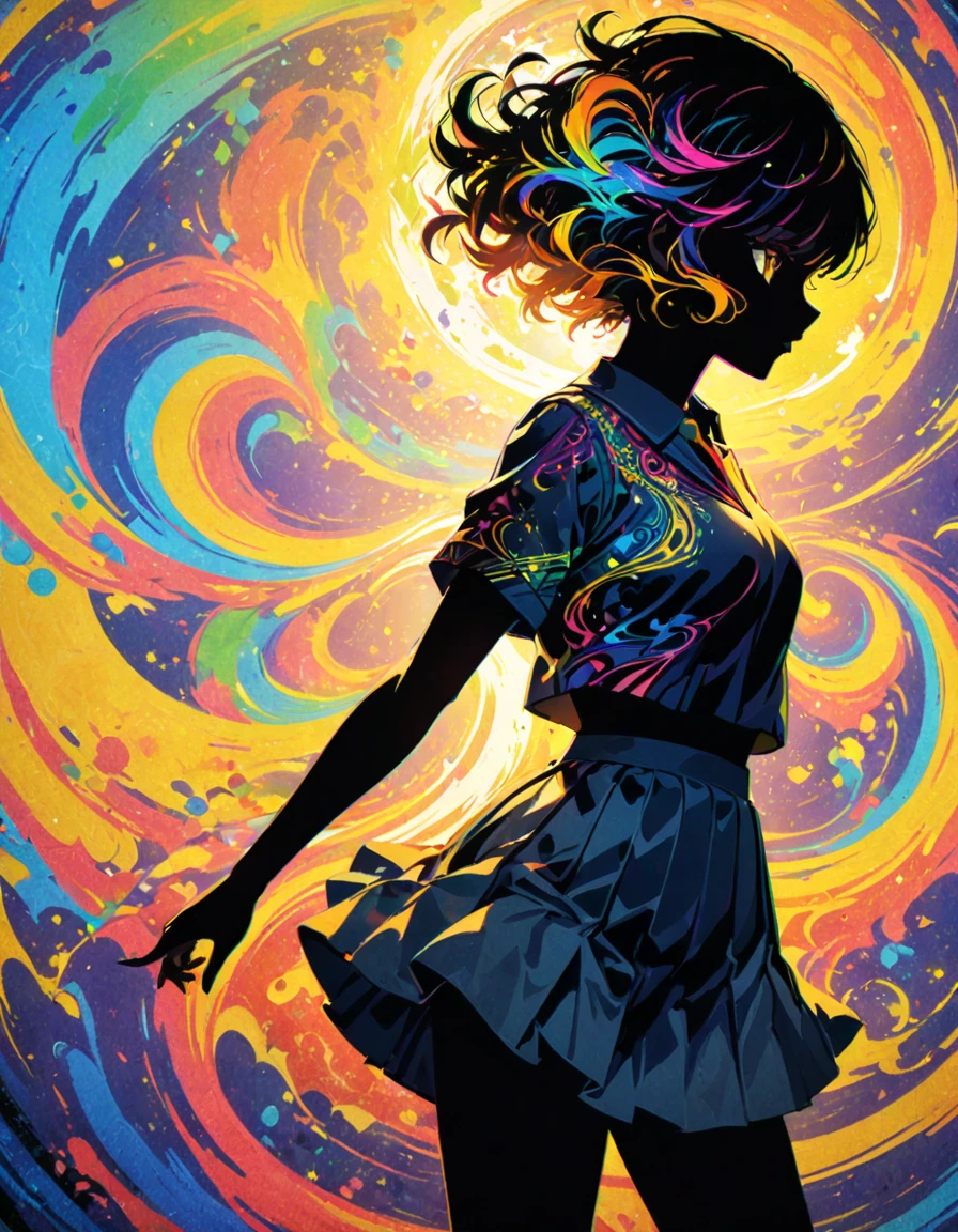 detailed textures, high quality, high resolution, high precision, realism, color correction, correct lighting settings, harmonious composition. An abstract, colorful anime-style illustration of a girl in a school uniform. Her silhouette is composed of dynamic, swirling patterns and vibrant circles. The background is a solid, bright yellow, creating a striking contrast with the intricate, multi-colored design of the girl --ar 3:4 --style raw --niji 6