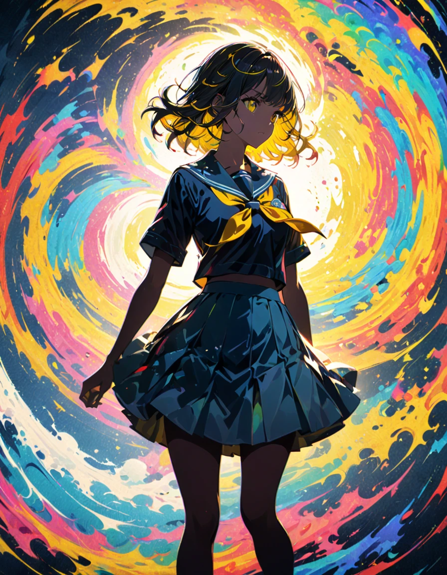detailed textures, high quality, high resolution, high precision, realism, color correction, correct lighting settings, harmonious composition. An abstract, colorful anime-style illustration of a girl in a school uniform. Her silhouette is composed of dynamic, swirling patterns and vibrant circles. The background is a solid, bright yellow, creating a striking contrast with the intricate, multi-colored design of the girl --ar 3:4 --style raw --niji 6