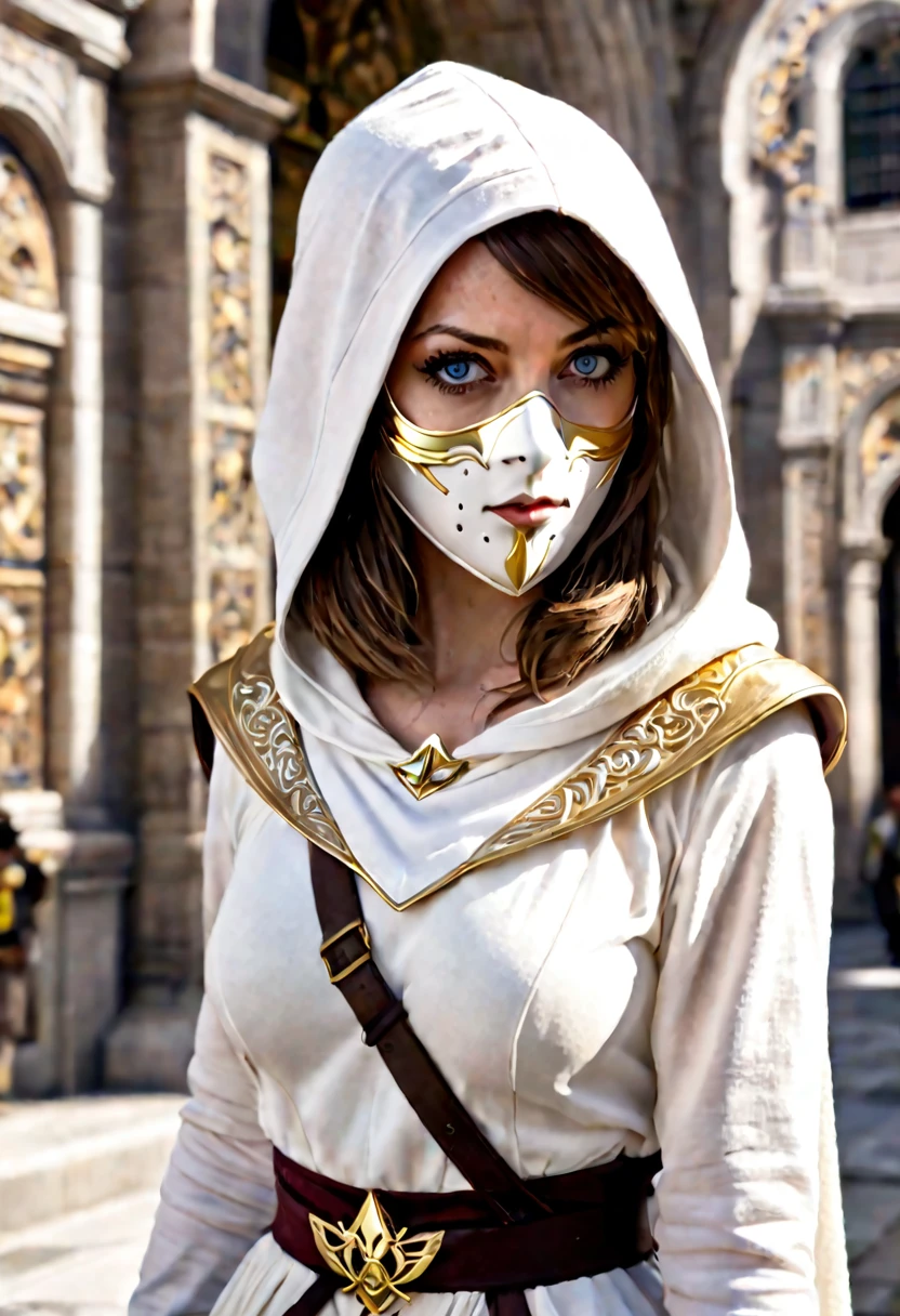 A full-body shot of Princess Zelda (Aubrey Plaza), brown hair, blue eyes, dressed as an Assassin from Assassins Creed, in white+gold witha white mask and hood with gold details, XL bust, using a wrist blade. Background: A city during the renaissance period. Unreal Engine 5, Anime, Anime style, Masterpiece, Well drawn eyes, well drawn face, well detailed eyes, well detailed face, 8k, light and shadow effect.
