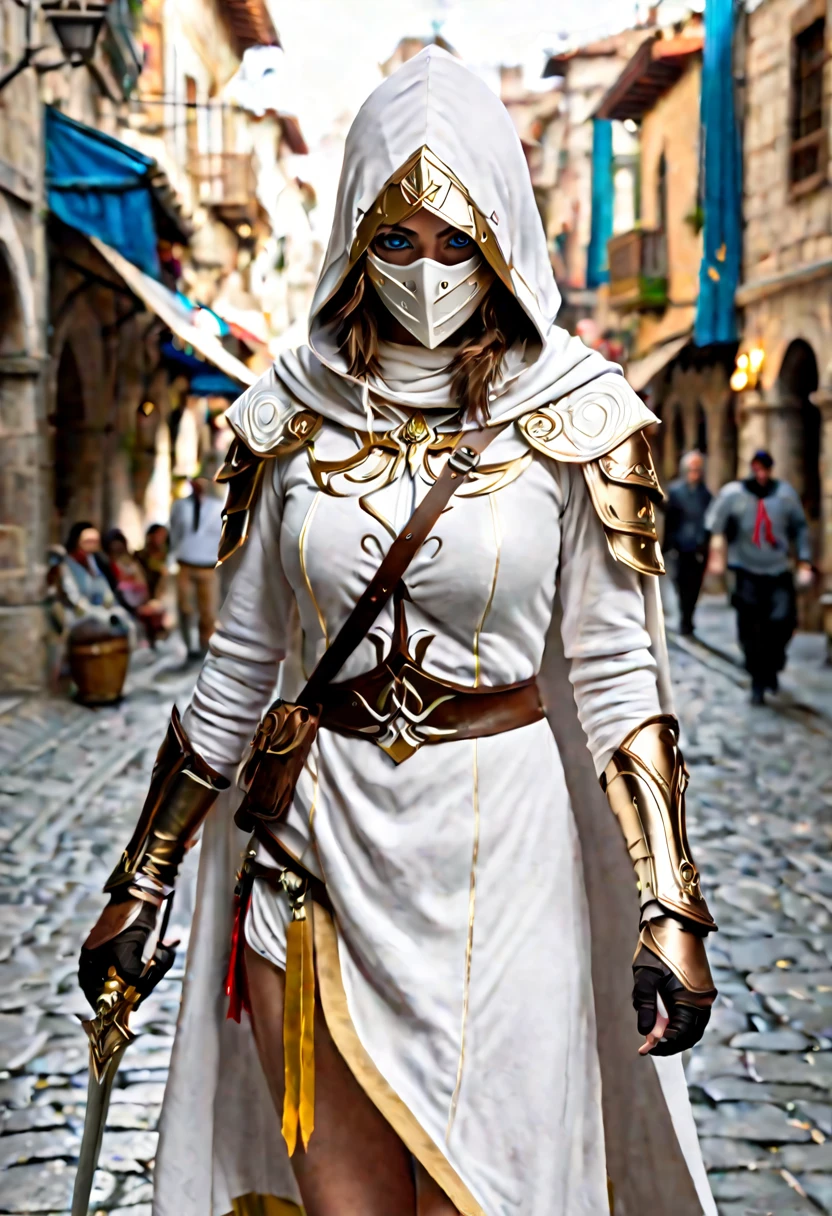 A full-body shot of Princess Zelda (Aubrey Plaza), brown hair, blue eyes, dressed as an Assassin from Assassins Creed, in white+gold witha white mask and hood with gold details, XL bust, using a wrist blade. Background: A city during the renaissance period. Unreal Engine 5, Anime, Anime style, Masterpiece, Well drawn eyes, well drawn face, well detailed eyes, well detailed face, 8k, light and shadow effect.
