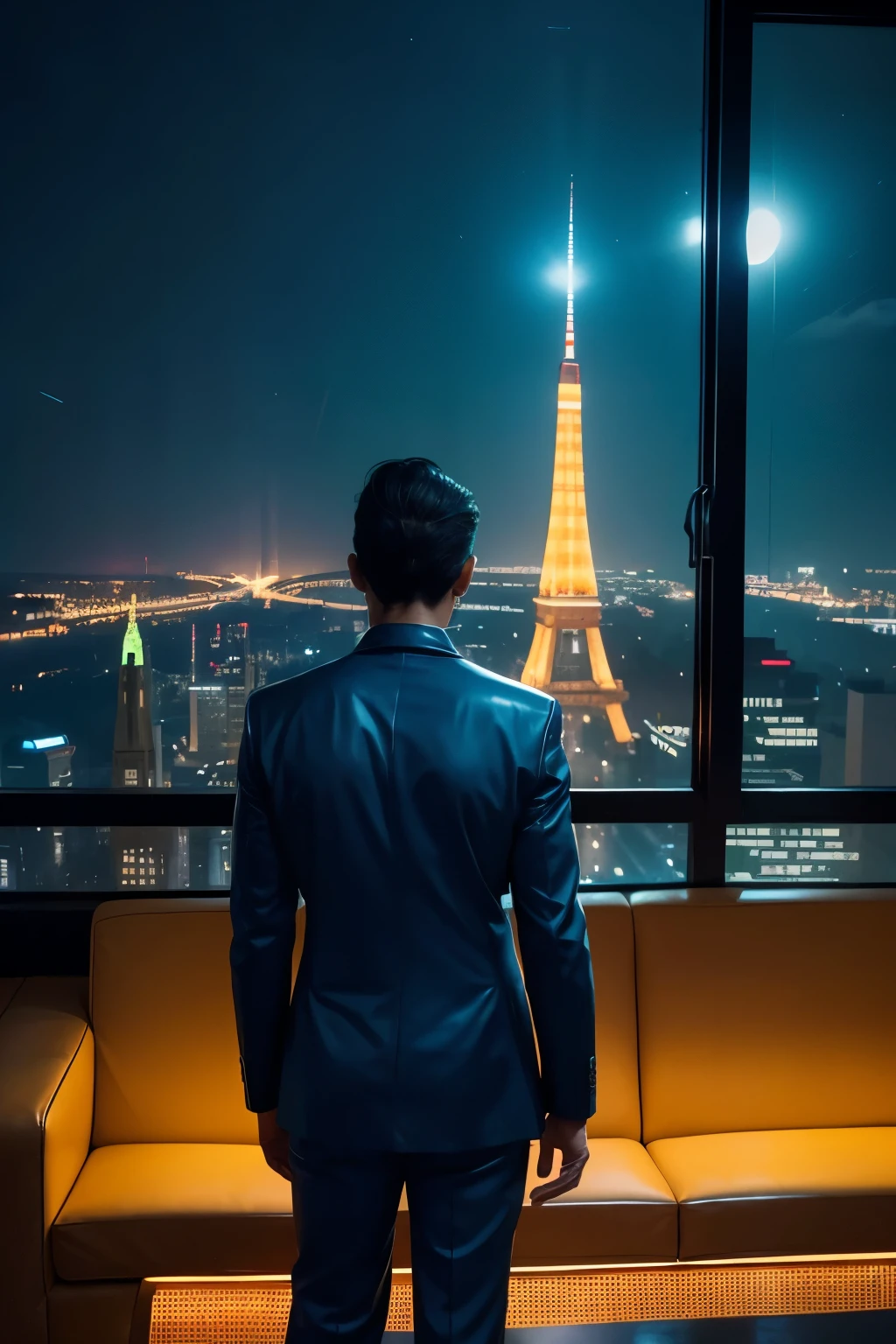 4k image from a 1960s science fiction film by Wes Anderson, Filme O Grande Hotel Budapeste, city with a blue, red, green and yellow neon colors vibrant at night through a window, big city retro futuristic neon, blade runner style, Retro-futuristic from the 60s with old robots, Luz Natural, Psicodelia, futurista estranho, retro-futurista, photo-realistic, blurred background, solitude, sadness, lonely man, a misterious man with his back inside an room with a view of a skyscraper, leather armchairs,
