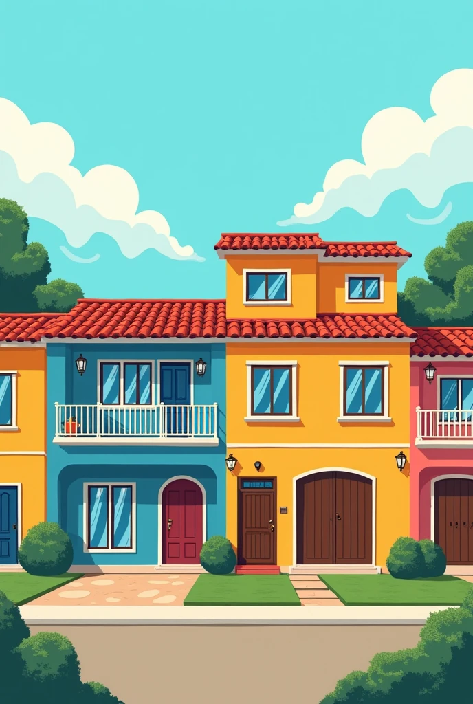 colorful mansions in João Pessoa, city of Brazil, in a simplified form drawing, style cartoon, front views
