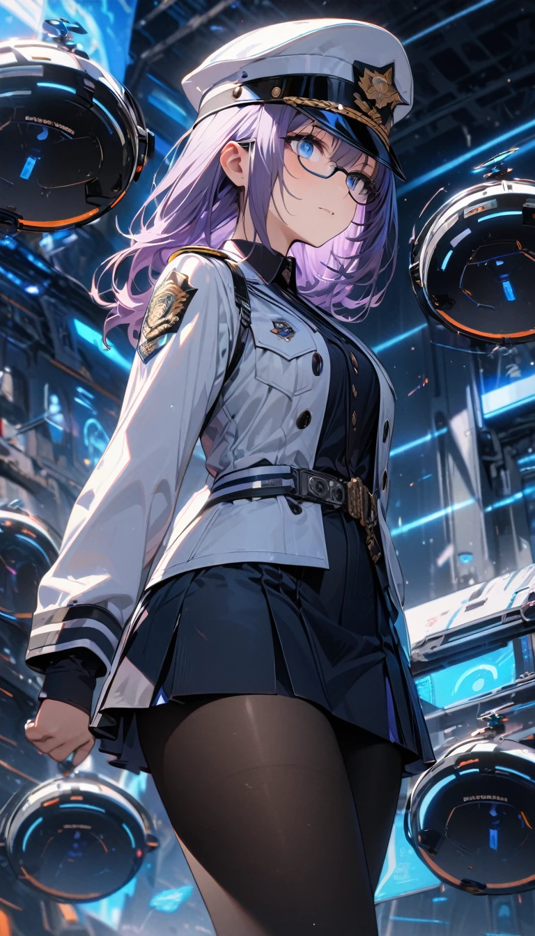 young girl, long purple hair, blue eyes, glasses, officer hat, white officer jacket, blue elements, black elements, short skirt, black nylon tights, drones, Masterpiece, best quality, Full HD, 8k, ultra details, great graphic
