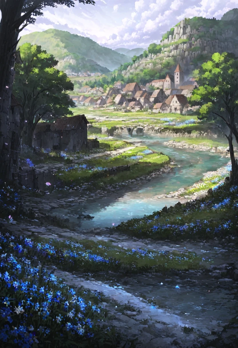 Artwork, excessive brutalism, (dreamy landscape), stunning landscape, Clear scenario, small village, Raby, Medieval Village, fancy, river passing through the village, elven houses, big tree in the background, flowersta, flowers, abandoned village, forgetful, Kuno
