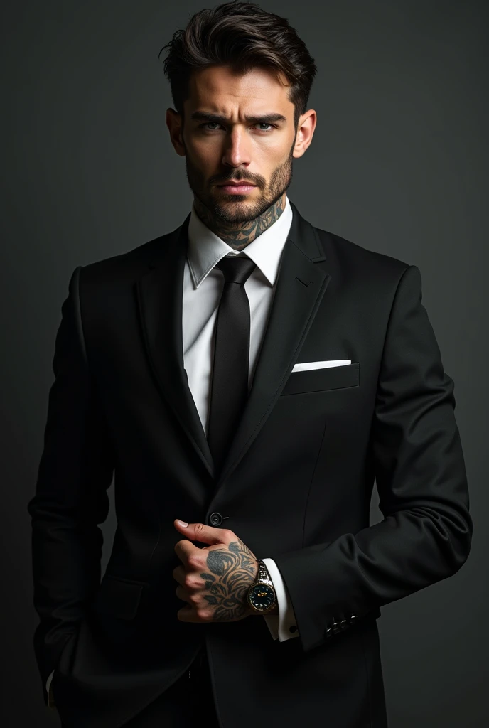 Very handsome and sexy man with black hair and grey eyes, just by looking at him I wet my panties, Visible tattoos on the neck and hands,a full body photo in a businessman's suit.