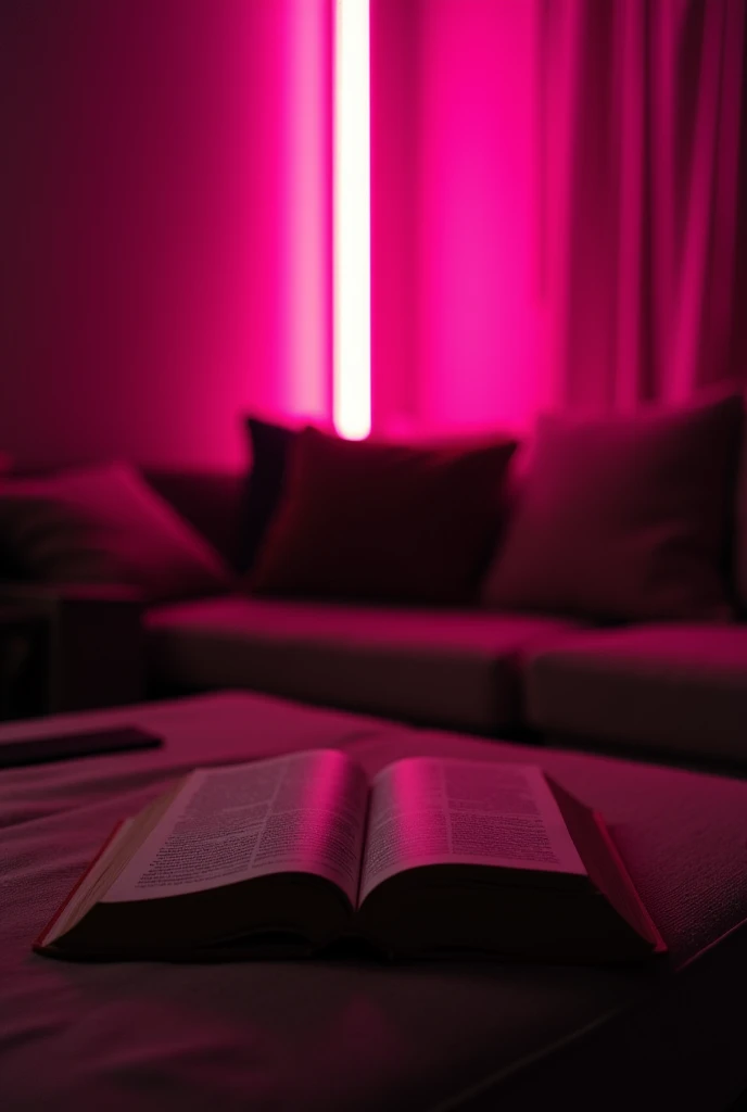 A brown book lies against the background of a dark living room, neon pink light