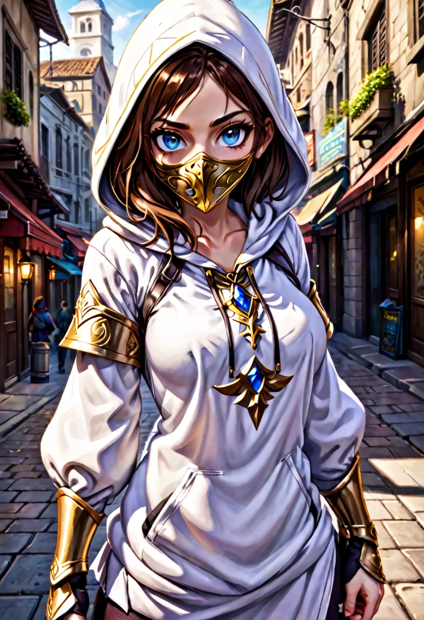 A full-body shot of Princess Zelda (Aubrey Plaza), brown hair, blue eyes, dressed as an Assassin from Assassins Creed, in white+gold witha white mask and hood with gold details, XL bust, using a wrist blade. Background: A city during the renaissance period. Unreal Engine 5, Anime, Anime style, Masterpiece, Well drawn eyes, well drawn face, well detailed eyes, well detailed face, 8k, light and shadow effect.