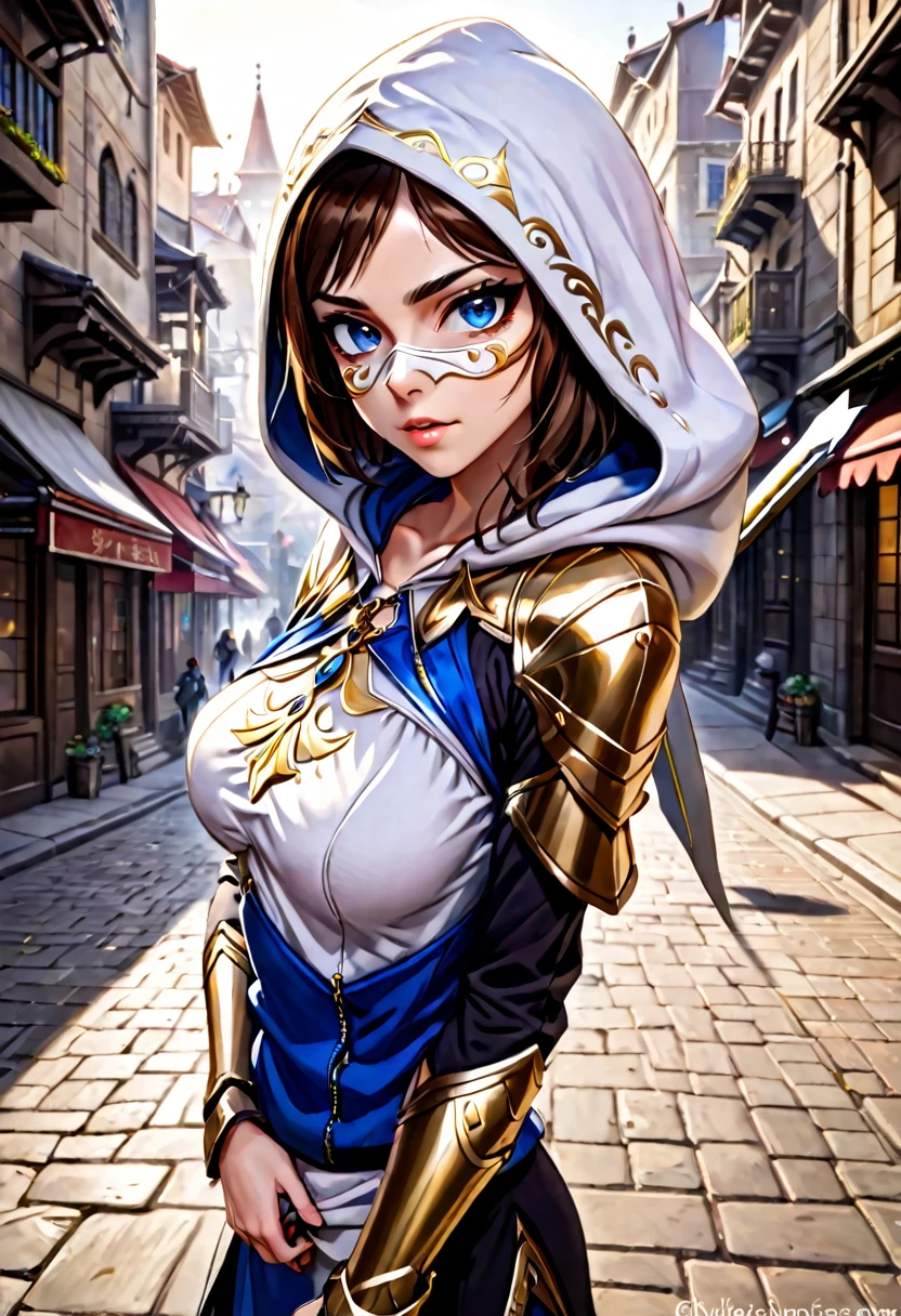 A full-body shot of Princess Zelda (Aubrey Plaza), brown hair, blue eyes, dressed as an Assassin from Assassins Creed, in white+gold witha white mask and hood with gold details, XL bust, using a wrist blade. Background: A city during the renaissance period. Unreal Engine 5, Anime, Anime style, Masterpiece, Well drawn eyes, well drawn face, well detailed eyes, well detailed face, 8k, light and shadow effect.
