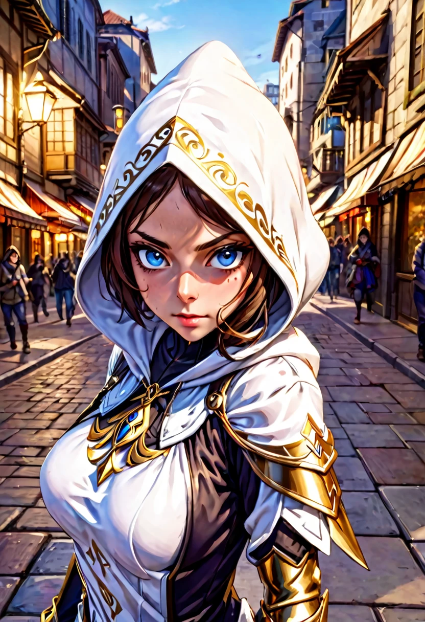 A full-body shot of Princess Zelda (Aubrey Plaza), brown hair, blue eyes, dressed as an Assassin from Assassins Creed, in white+gold witha white mask and hood with gold details, XL bust, using a wrist blade. Background: A city during the renaissance period. Unreal Engine 5, Anime, Anime style, Masterpiece, Well drawn eyes, well drawn face, well detailed eyes, well detailed face, 8k, light and shadow effect.
