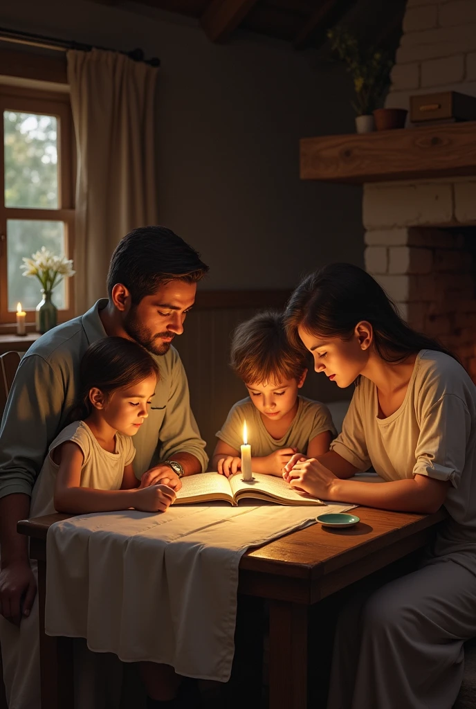 A family sitting at the table reading the bible