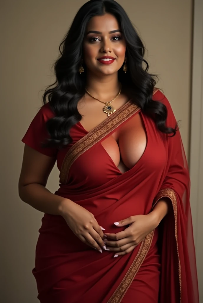 A beautiful curvy indian girl with big breasts (wearing saree), hyper realistic, doing sex