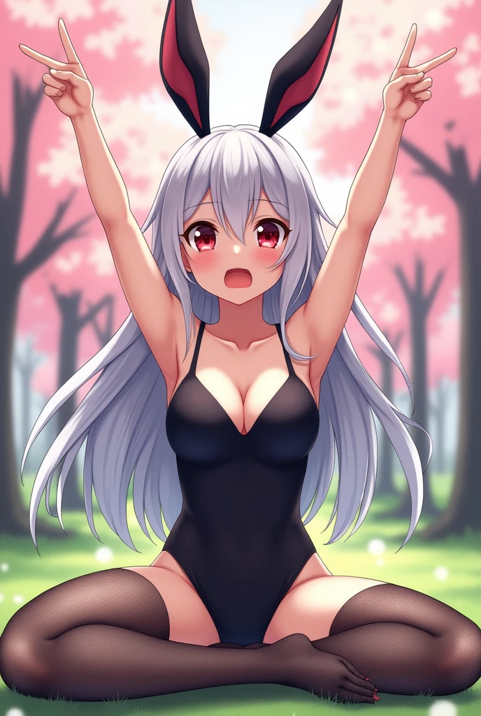 Anime girl with long grey hair, Black rabbit ears, black swimsuit, black mesh tights, Red eyes, white, in a park background with trees with pink leaves, con la boca abierta y en haciendo🤞con los dedos sorprendida sentada