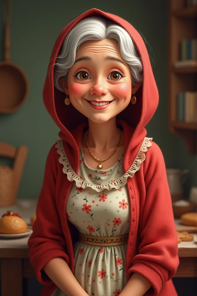 Little Red Riding Hood's grandmother is pretty and happy in her grandmother's outfit