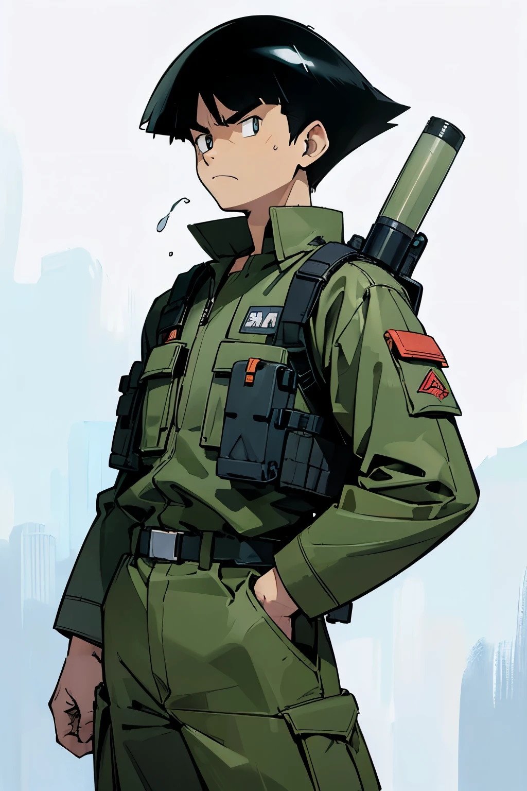 by Ken Sugimori, sugimori 1990s, ((only 1man)), adult, camoflauge uniform, backpacker, survivalist, bullet proof vest, scowling, helmet, misty wisps in the background, supernatural ((hands behind their back)), full black pupils, manga, best quality, highly detailed, clean lines, cowboy shot, good hands, good eyes, hd, 8k, professional, symmetrical, hires, 8k,