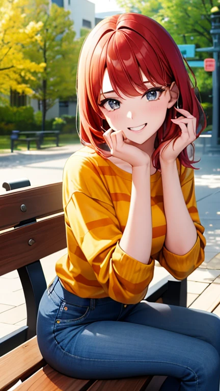 Create a 19-year-old girl in a orange and yellow striped shirt, blue jeans, red hair, smiling, diting a bench.
