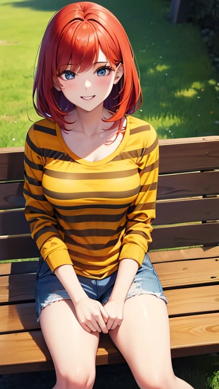 Create a 19-year-old girl in a orange and yellow striped shirt, blue jeans, red hair, smiling, diting a bench.