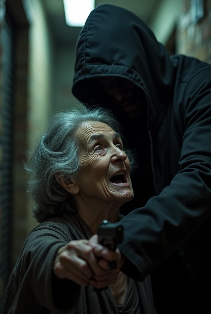 Create an old woman scared by a hooded man with a gun