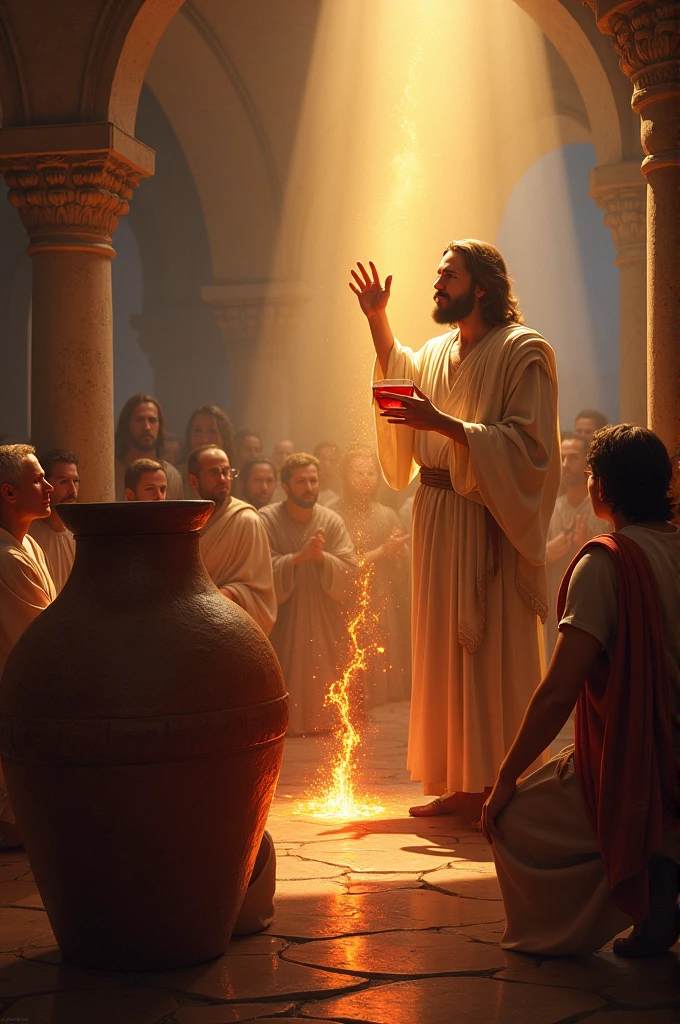 Jesus stands calmly beside large stone jars filled with water at the wedding in Cana, Galilee. As he raises his hand, the water within the jars begins to glow and change color, transforming into deep, rich wine. A soft, divine light emanates from Jesus, illuminating the scene with a warm, holy radiance. The servants, who are nearby, look on in awe, while the disciples and other onlookers in the background watch the miracle unfold with amazement and reverence