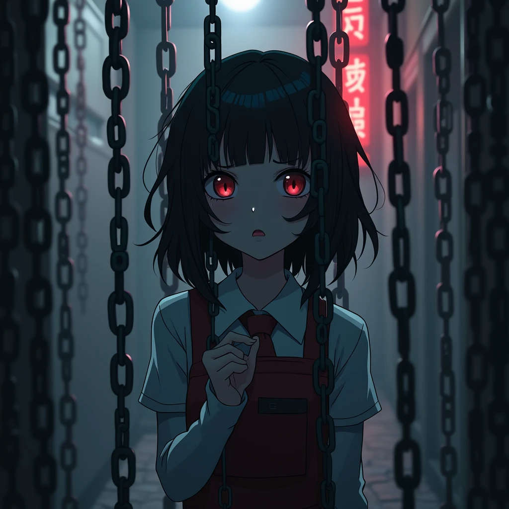 phonk anime girl horror with chains in background with blur