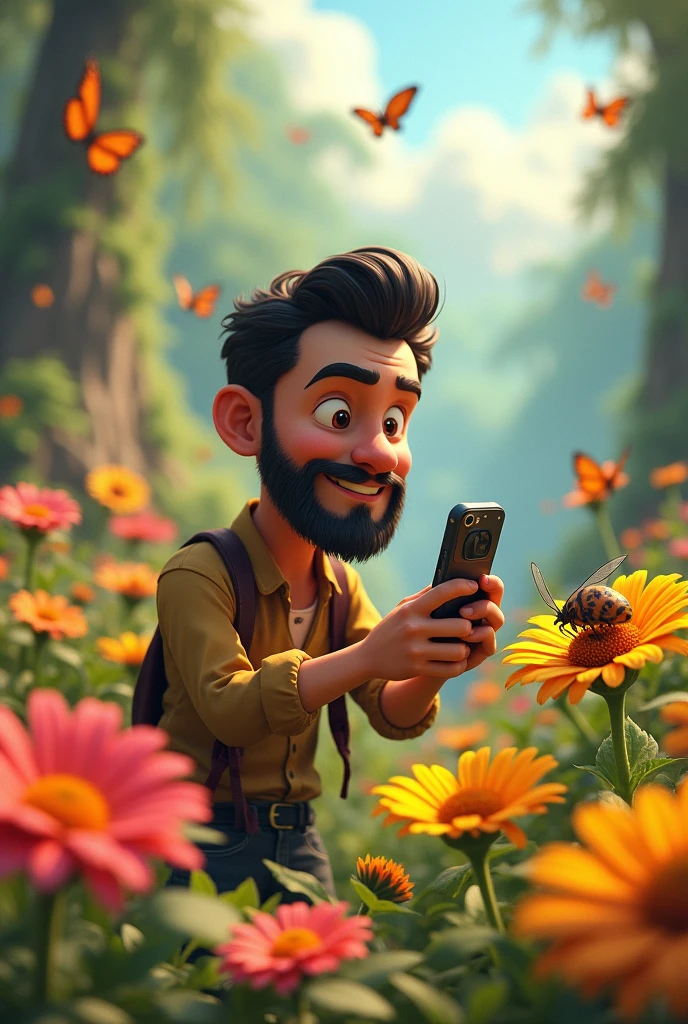 A french cut beard animated man taking photos of butterfies and bugs in a beautiful nature by a mobilephone. A beautiful bug on a yellow flower is in front of his mobile and he is taking photo of that beautiful bug on yellow flower. Lots of multicoloured flowers around him.