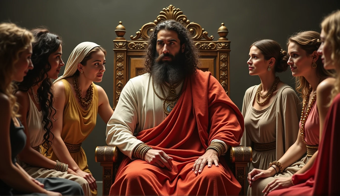 SOLOMON WITH SEVERAL WOMEN, biblical attire, he is sitting on the throne and the women around him
