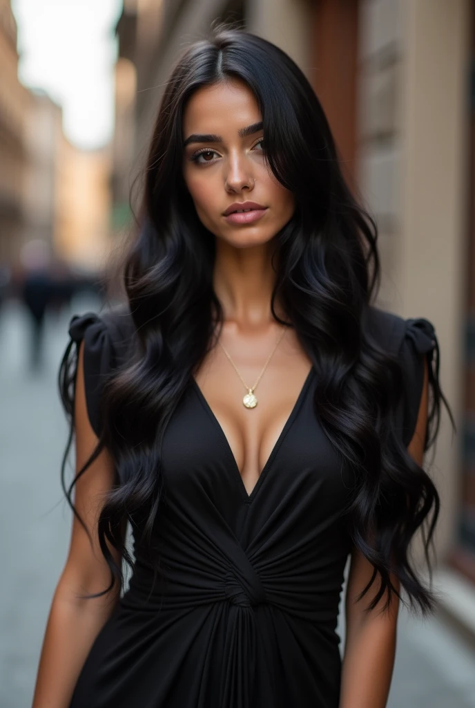 best quailty masterpiece detailed pretty young woman, taken with iphone camera black hair nationalty middle eastern wears black dress in street